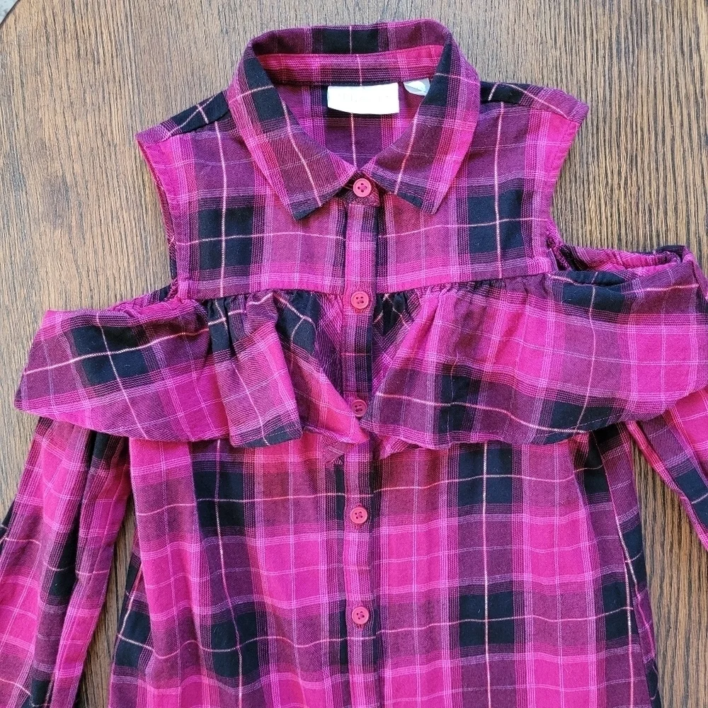 PLACE Long Sleeve Plaid Ruffle Twill Cold Shoulder Dress Size Girl's Medium NEW
